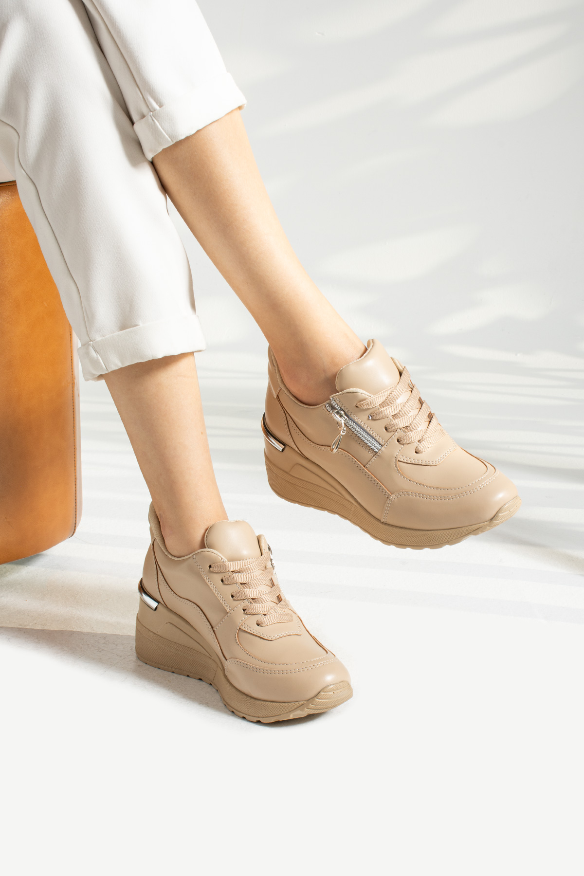 Ten Fermuarlı Bağcıklı Yüksek Topuklu Günlük Kadın Sneaker