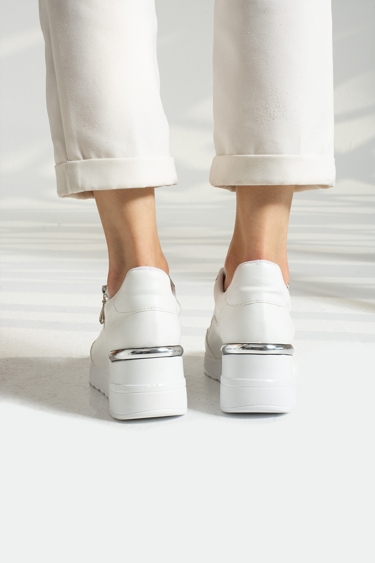 Beyaz Fermuarlı Bağcıklı Yüksek Topuklu Günlük Kadın Sneaker