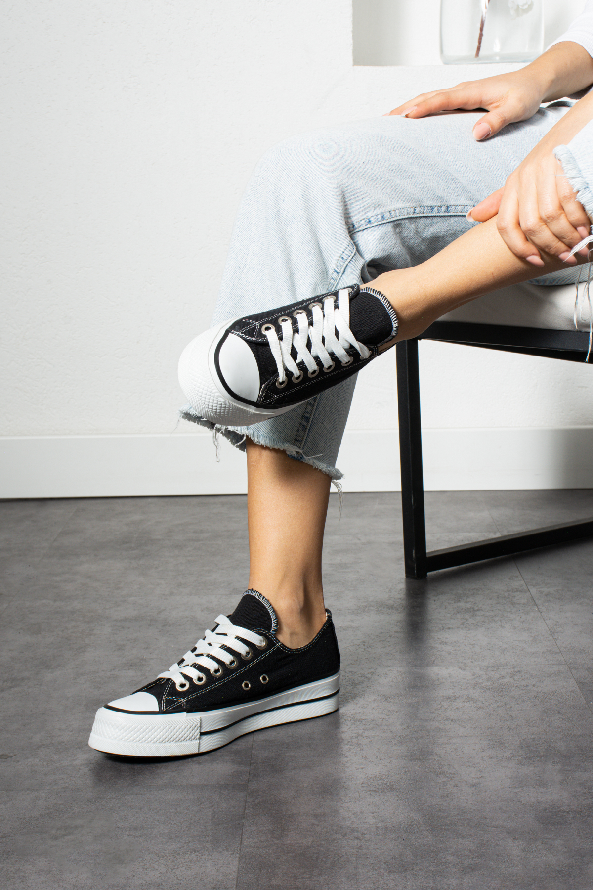 Siyah Keten [Yüksek Taban (4 cm)] Günlük Kısa Unisex Sneaker