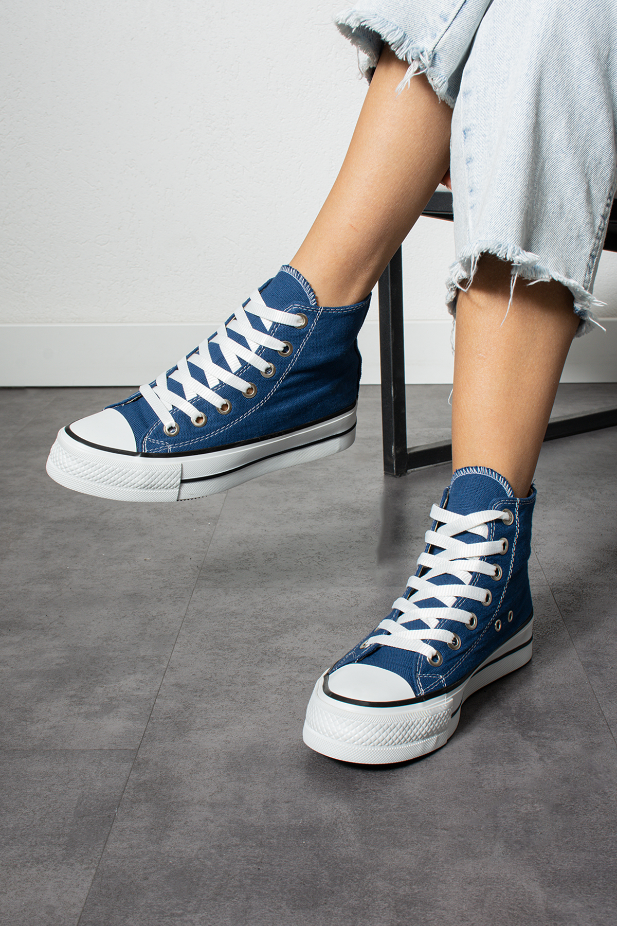 İndigo Mavi Keten [Yüksek Taban (4 cm)] Günlük Uzun Unisex Sneaker