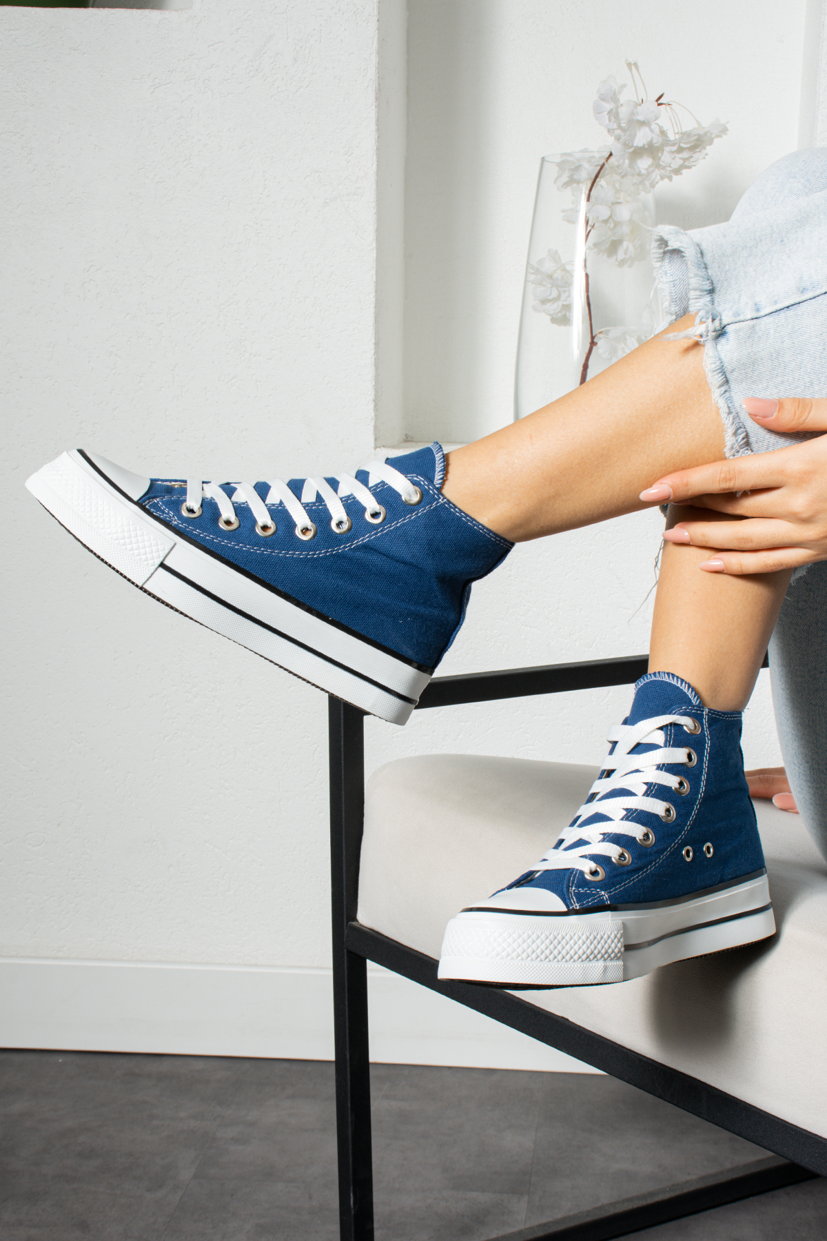 İndigo Mavi Keten [Yüksek Taban (4 cm)] Günlük Uzun Unisex Sneaker