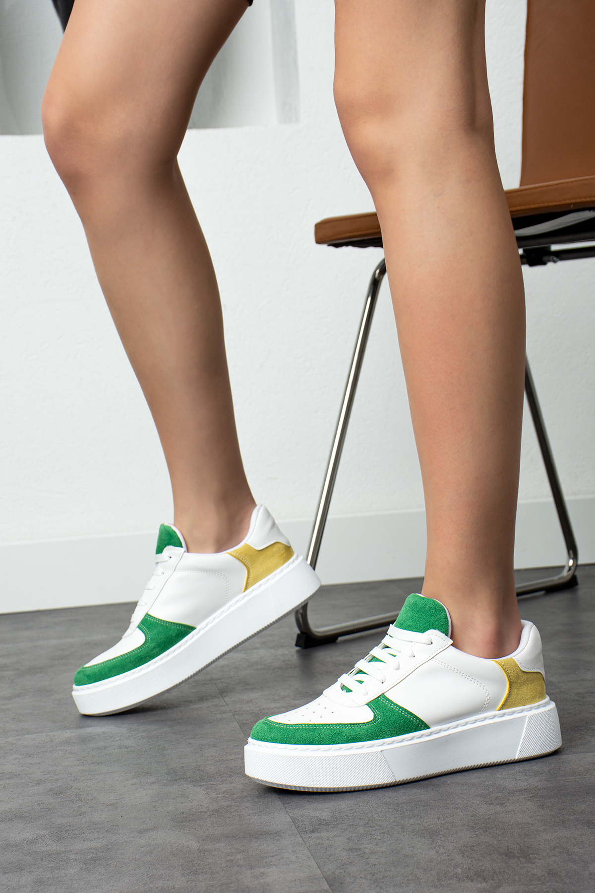 Yeşil Sarı Düz Hafif Dikişli Taban Bağcıklı Günlük Ortapedik İç Taban Kadın Sneaker