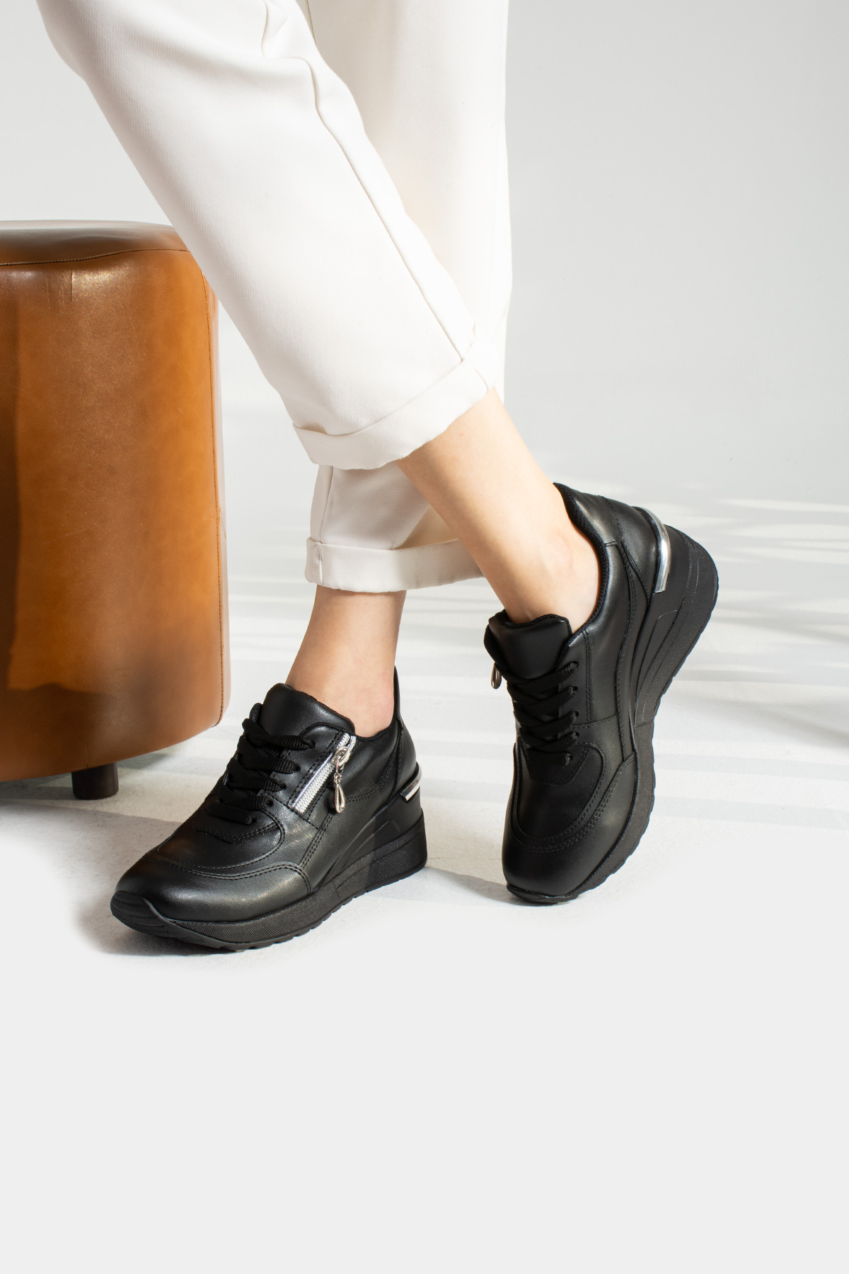 Siyah (Siyah Taban) Fermuarlı Bağcıklı Yüksek Topuklu Günlük Kadın Sneaker