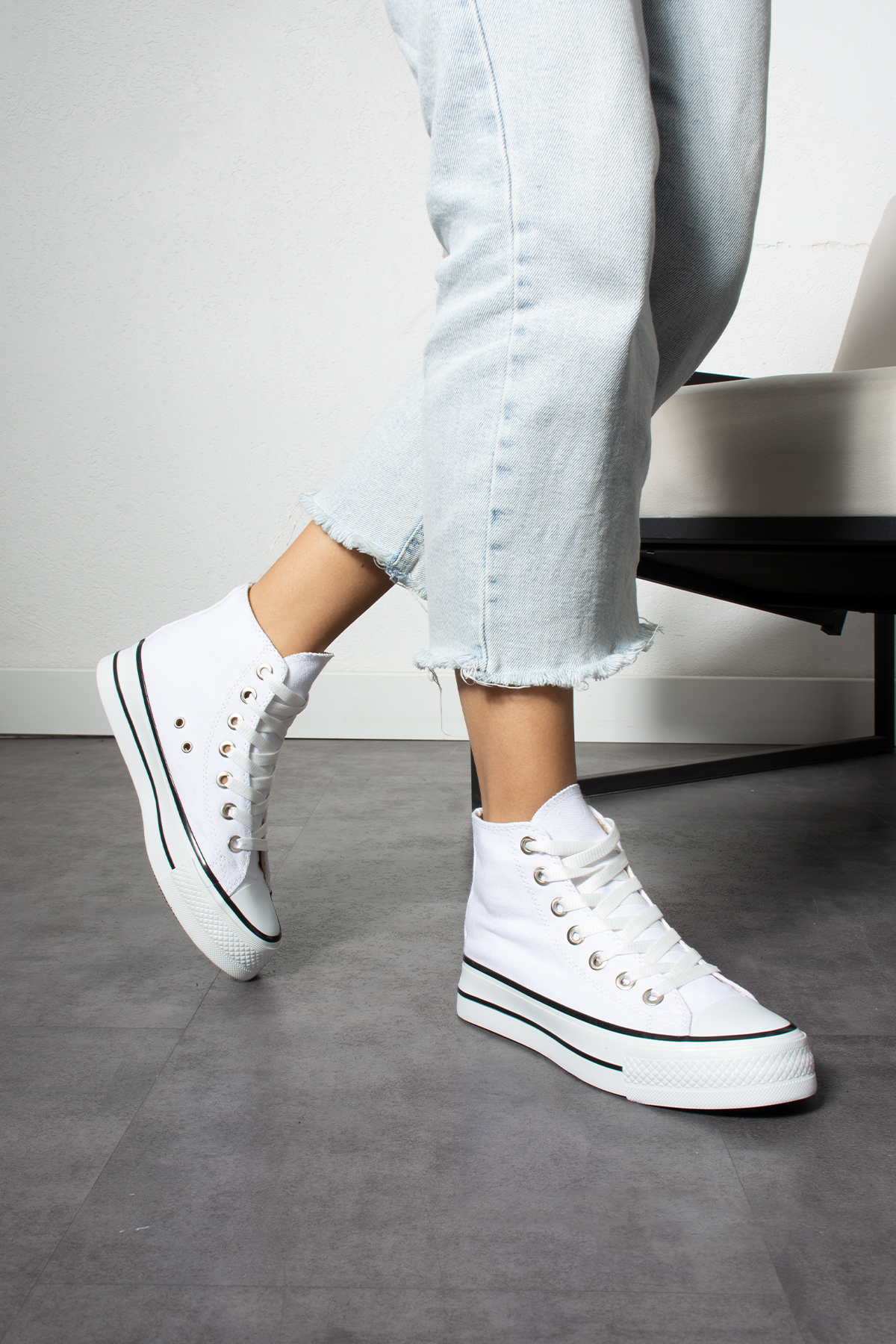 Beyaz Keten [Yüksek Taban (4 cm)] Günlük Uzun Unisex Sneaker