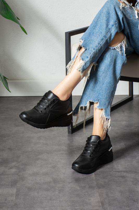 Siyah (Siyah Taban) Bağcıklı Yüksek Topuklu Günlük Kadın Sneaker