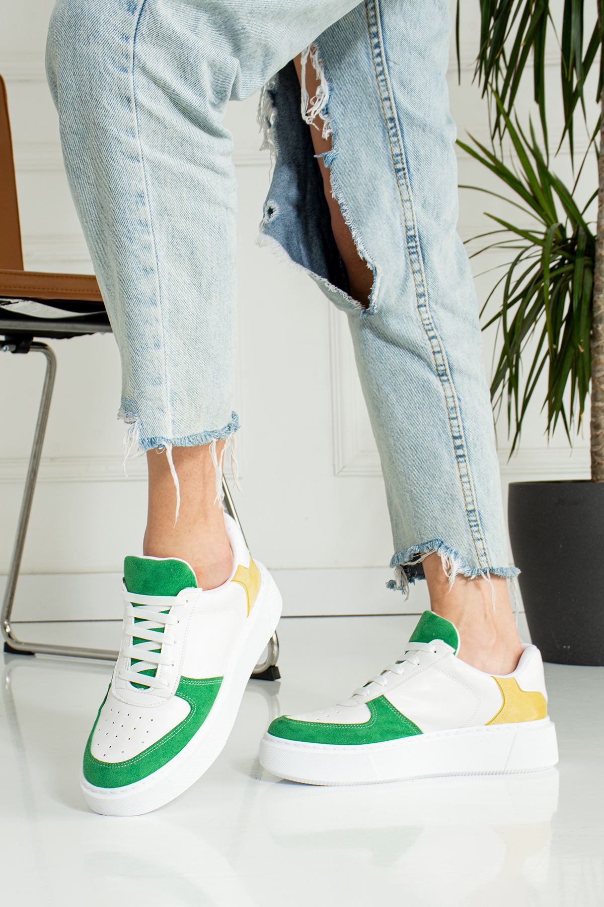 Yeşil Sarı Düz Hafif Dikişli Taban Bağcıklı Günlük Ortapedik İç Taban Kadın Sneaker