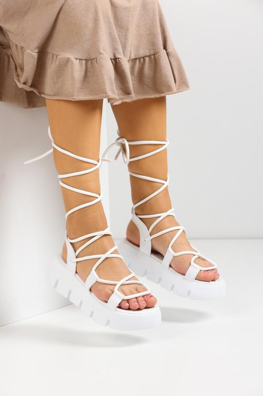 Beyaz Bağlı Kleopatra Kadın Sandalet