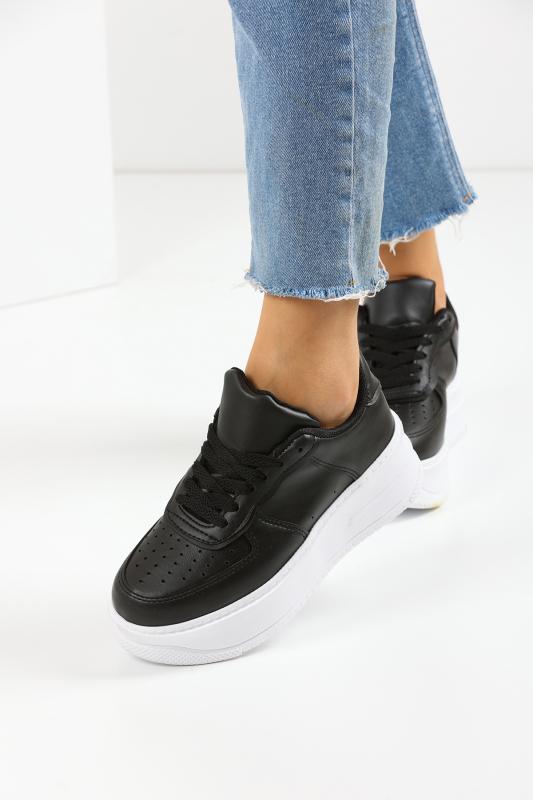 Siyah (Beyaz Taban) Kalın Taban Kadın Spor Ayakkabı Sneaker