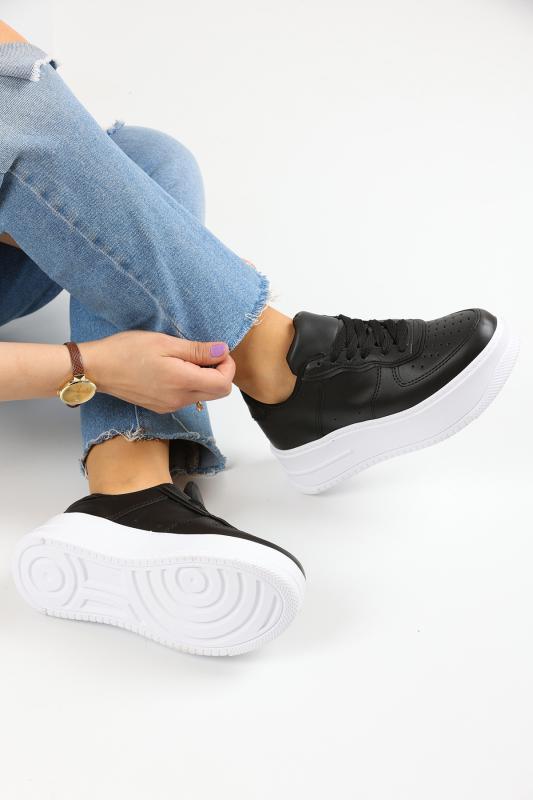 Siyah (Beyaz Taban) Kalın Taban Kadın Spor Ayakkabı Sneaker